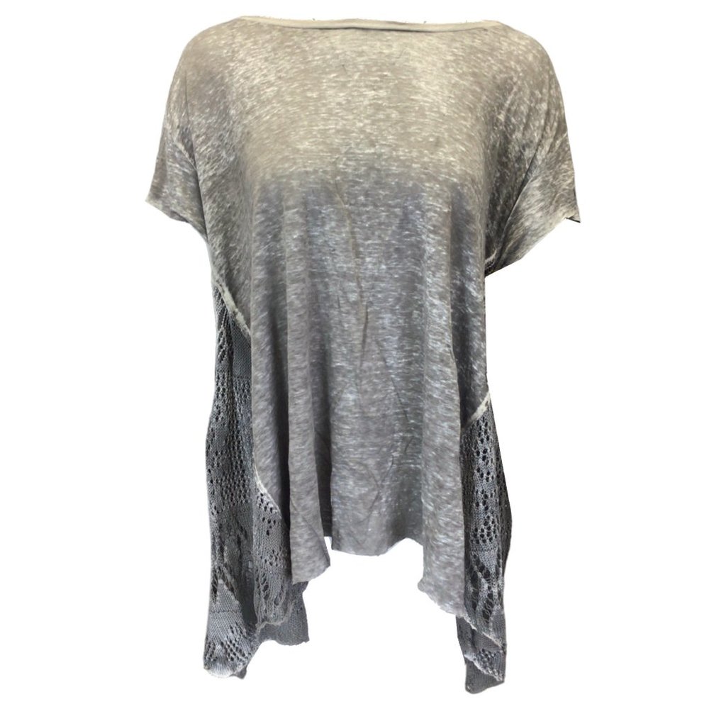 AVANT TOI GREY CROCHET KNIT DETAIL SHORT SLEEVED BURNOUT LINEN TOP